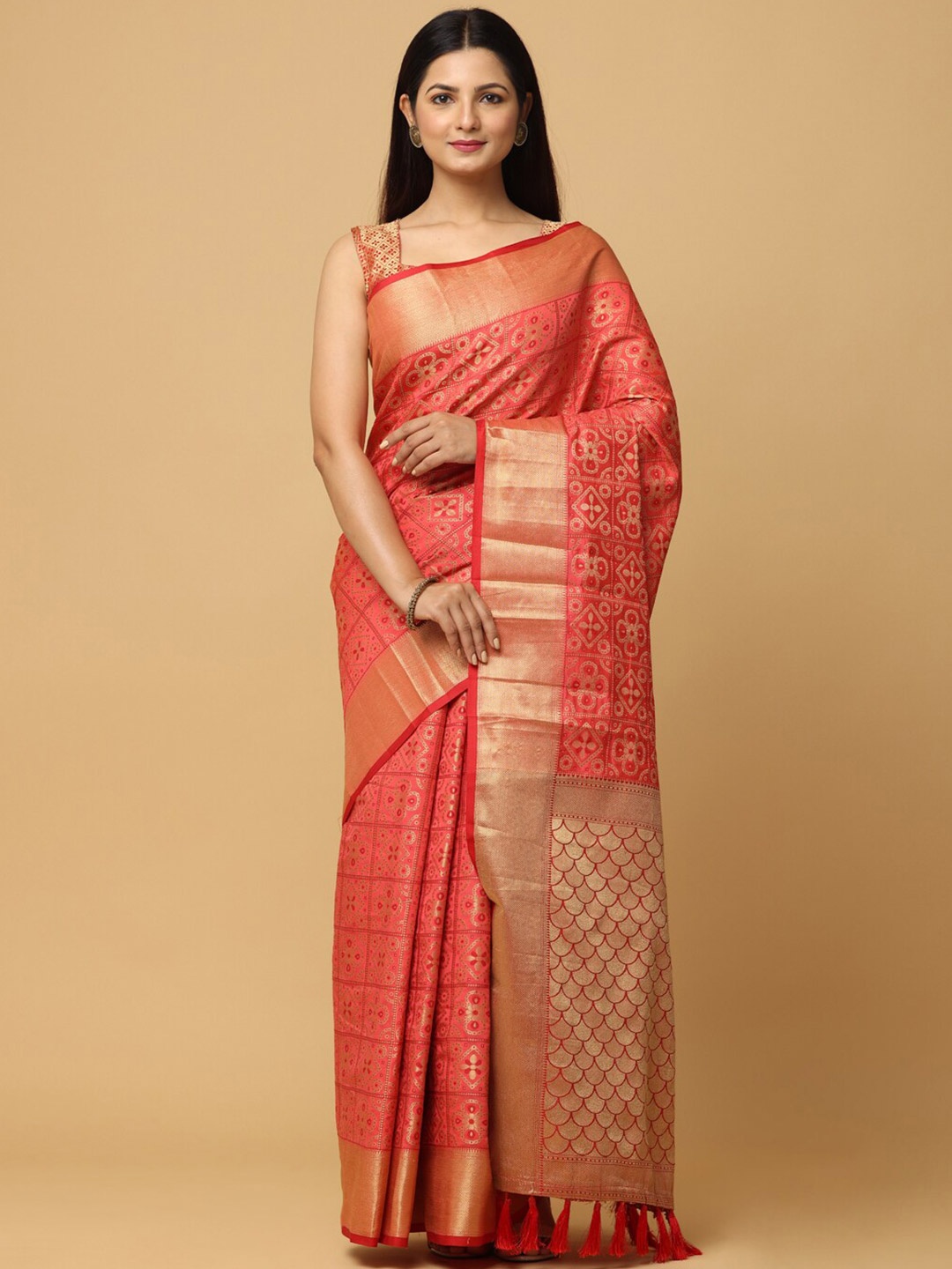 

VASTRANAND Ethnic Motifs Woven Design Zari Banarasi Saree, Peach
