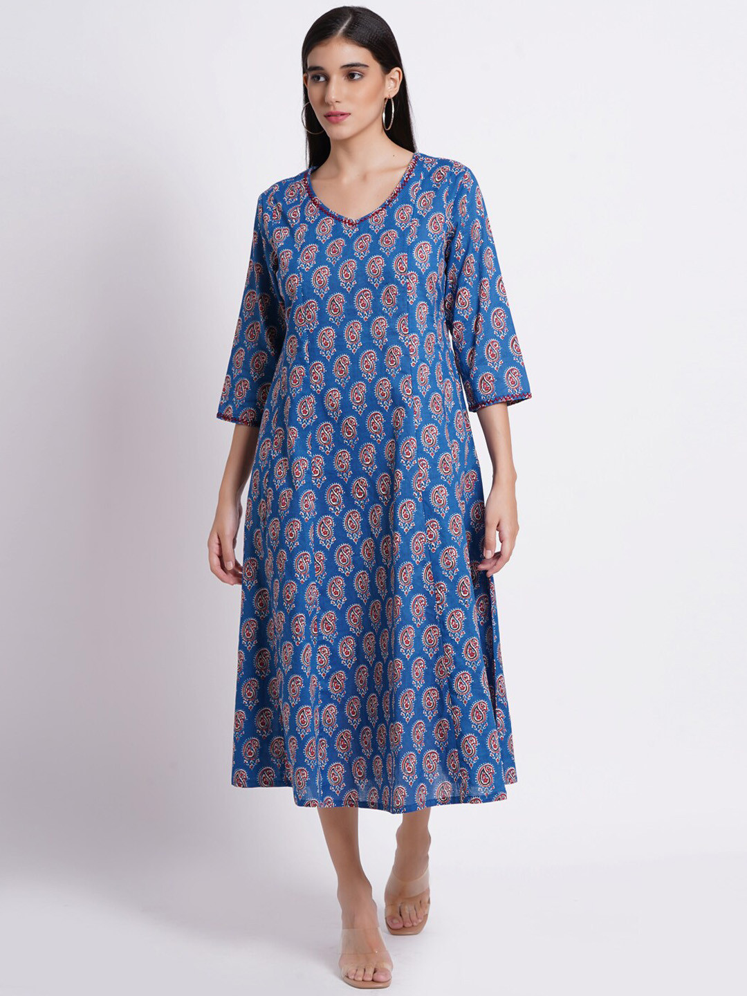 

SUTI Ethnic Motifs Printed A-Line Cotton Ethnic Dress, Blue