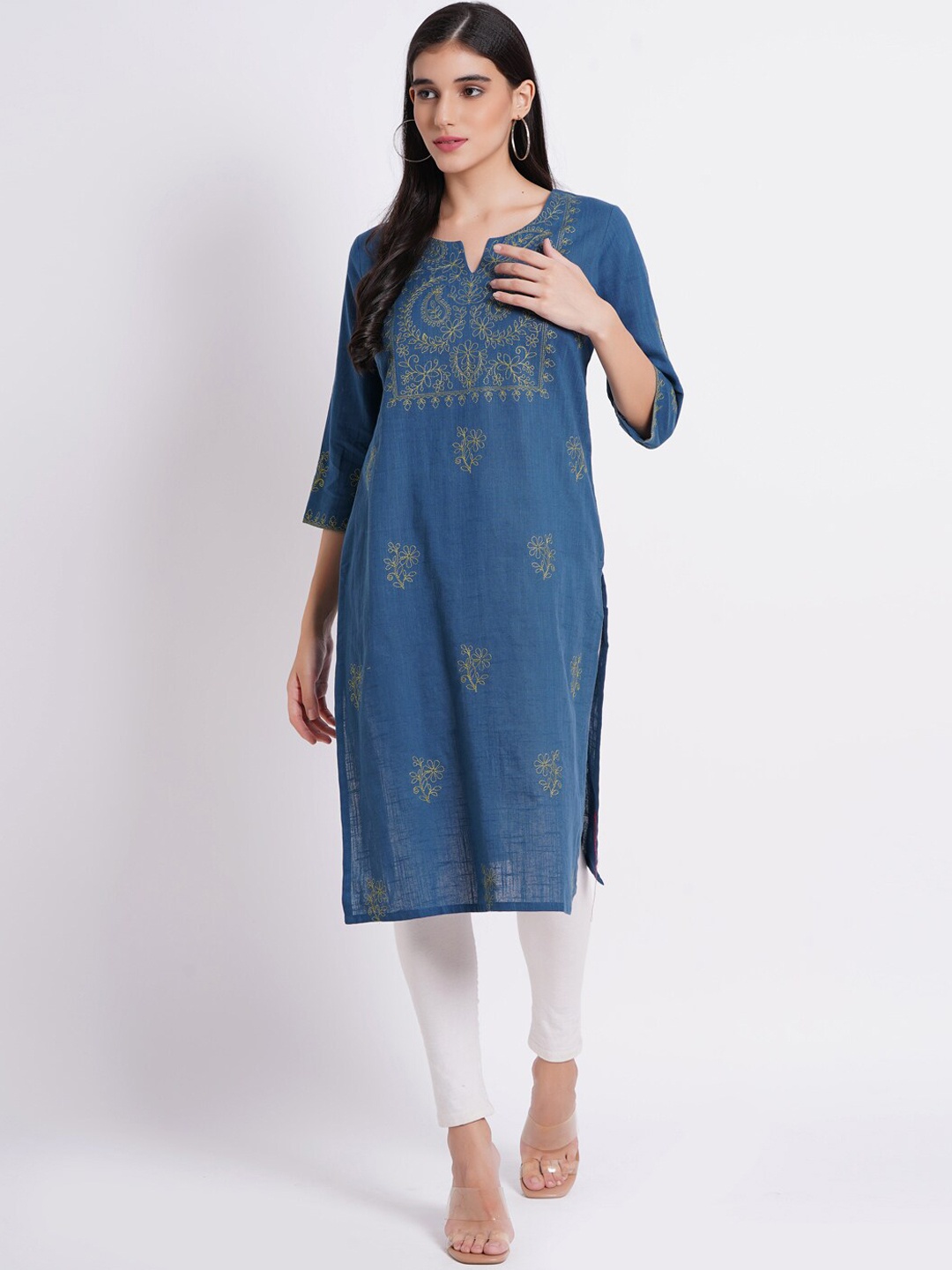 

SUTI Ethnic Motifs Embroidered Straight Cotton Kurta, Blue