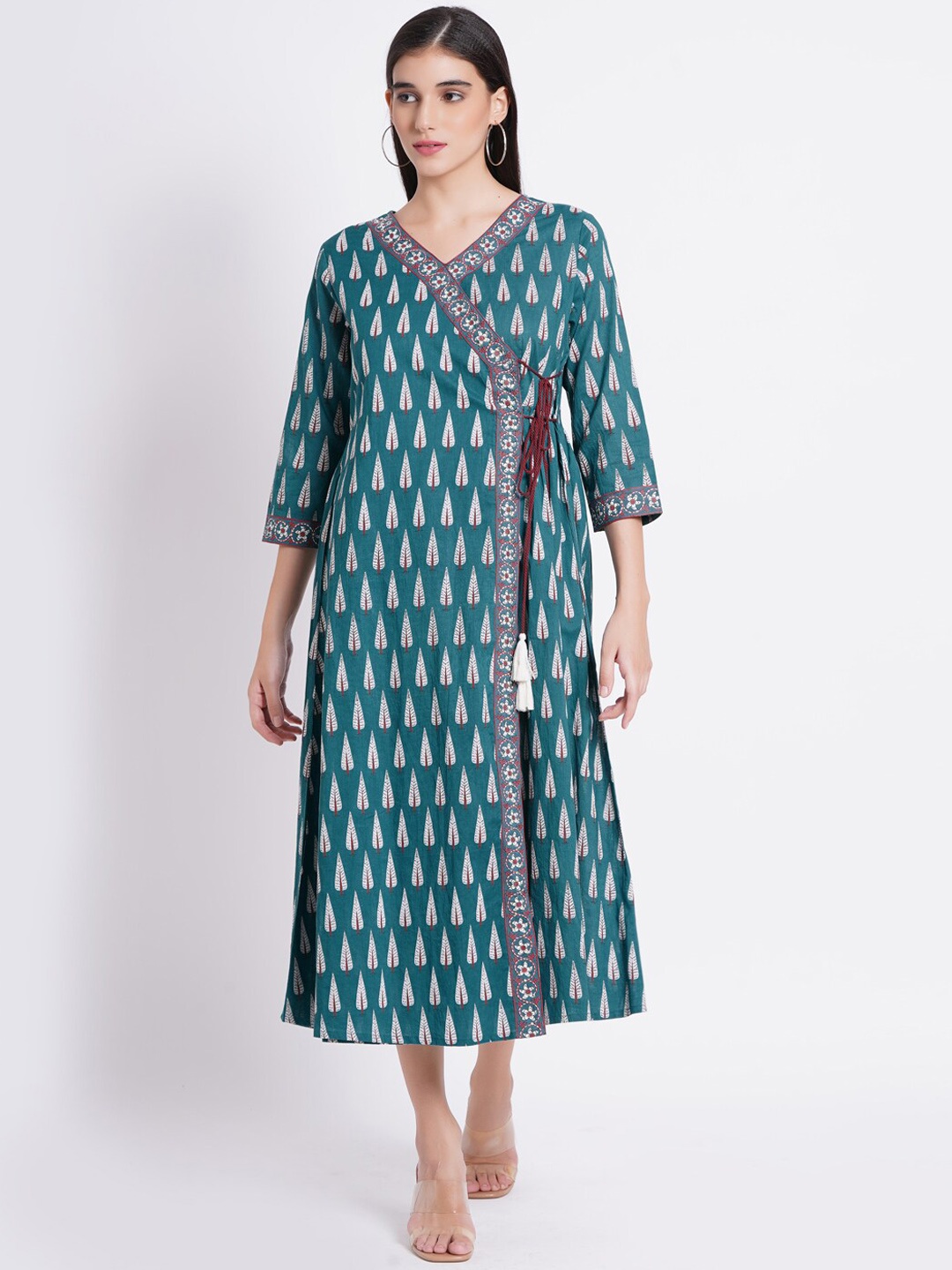 

SUTI Ethnic Motifs Printed Sequinned Angrakha Cotton Ethnic Dress, Teal