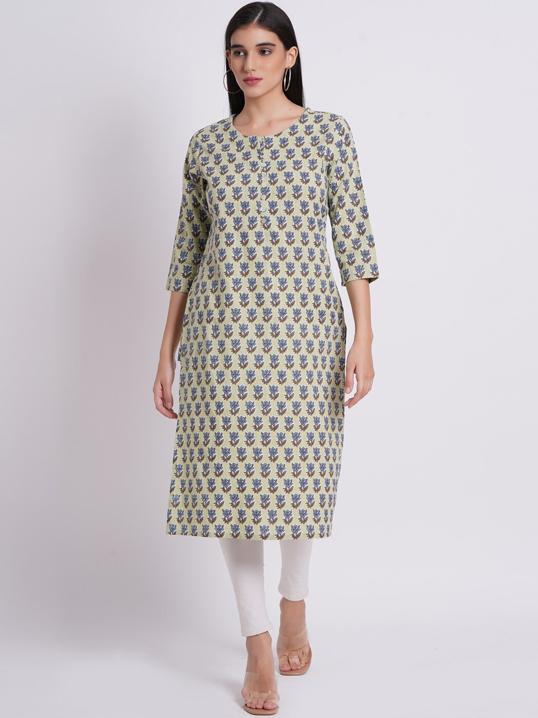 

SUTI Floral Printed Round Neck Cotton Kurta, Green