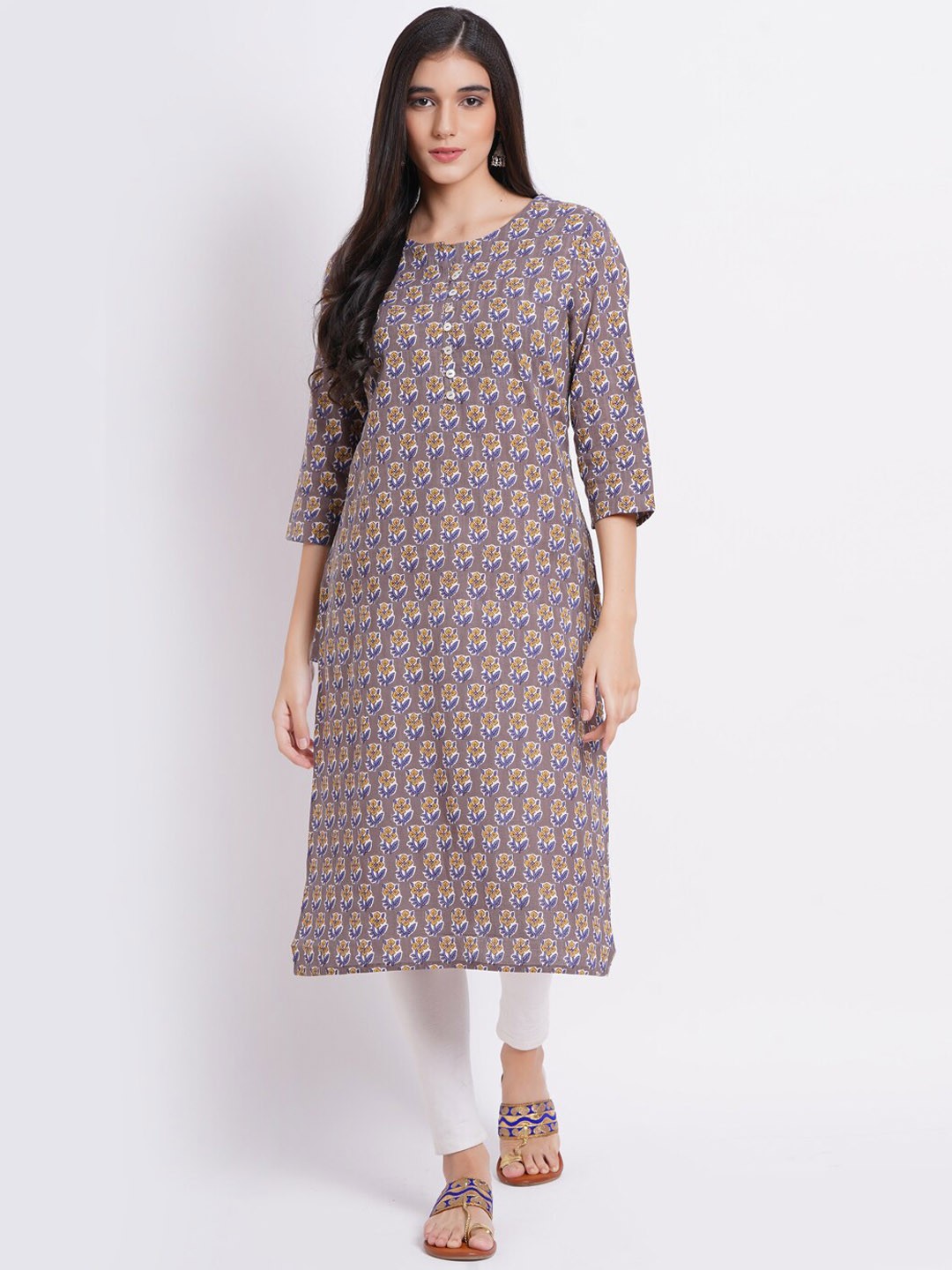 

SUTI Floral Printed Round Neck Cotton Kurta, Grey