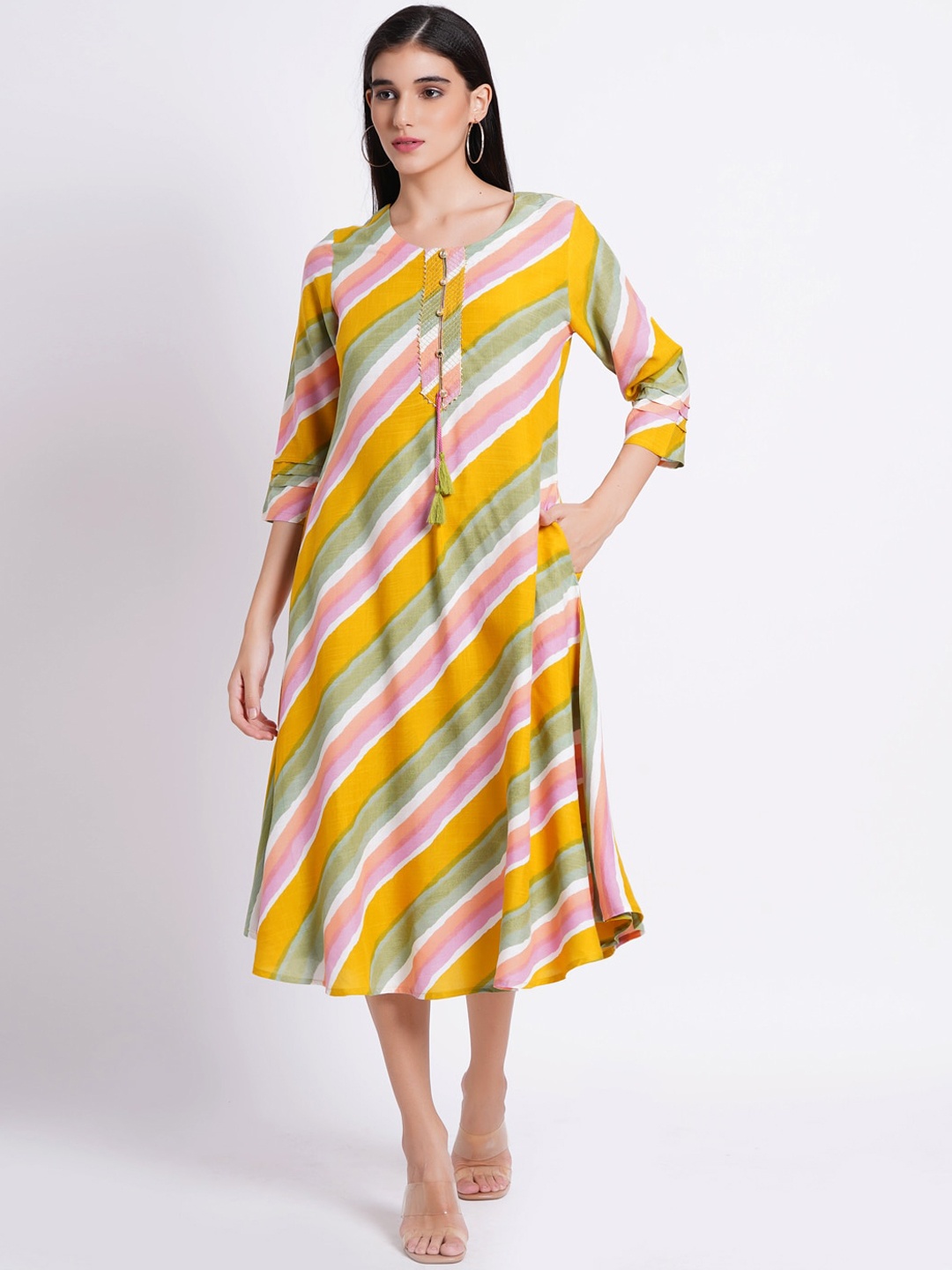 

SUTI Striped A-Line Ethnic Dress, Mustard