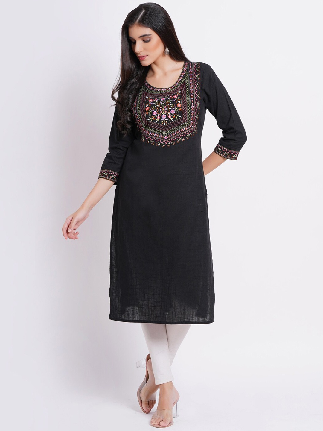 

SUTI Ethnic Motif Yoke Design Thread Work Cotton Straight Kurta, Black