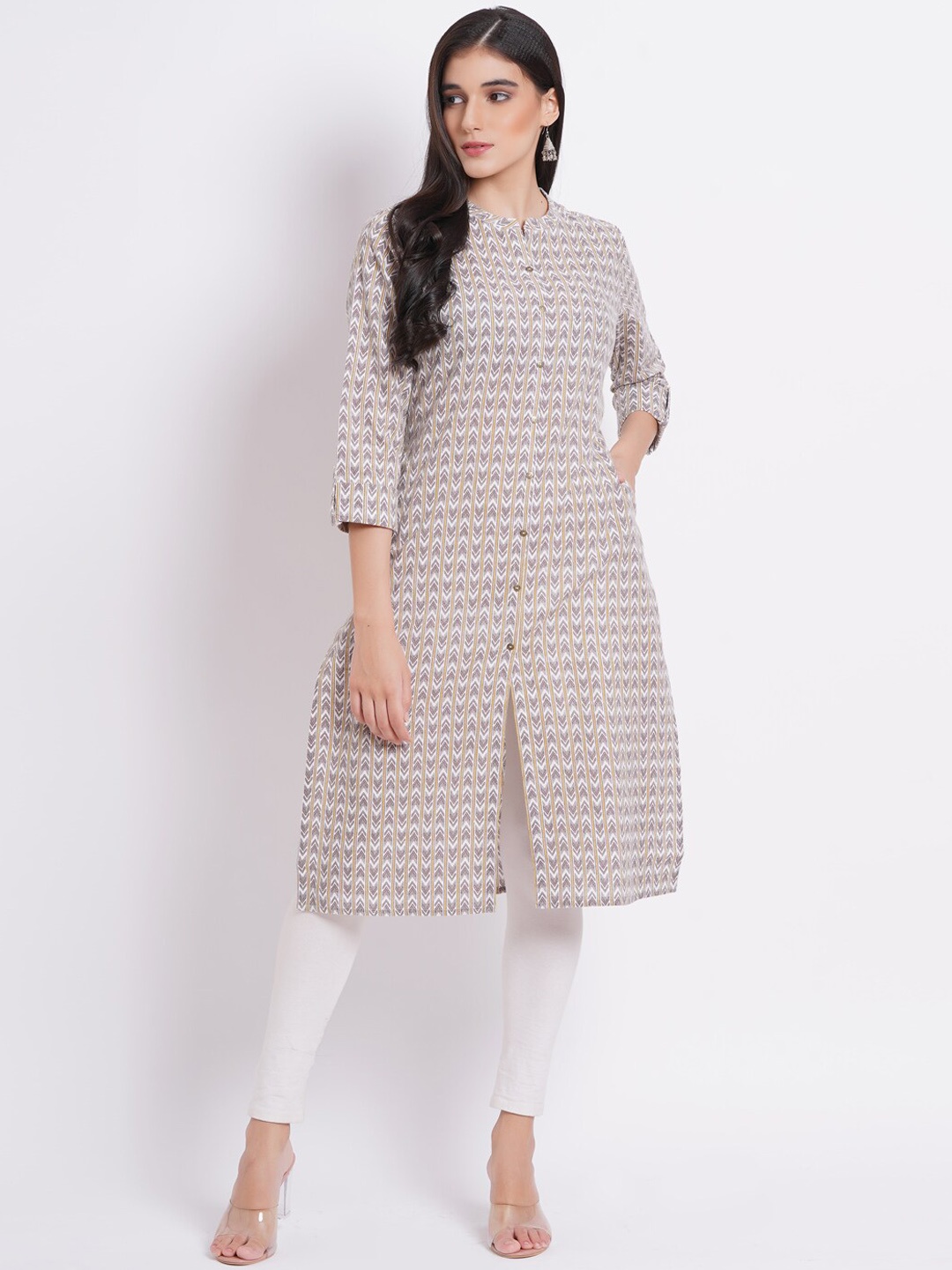 

SUTI Striped Mandarin Collar Cotton Straight Kurta, Grey