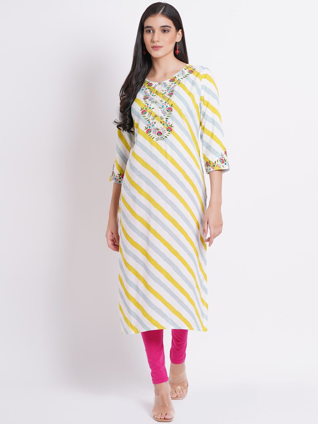 SUTI Leheriya Printed Thread Work Straight Kurta, White