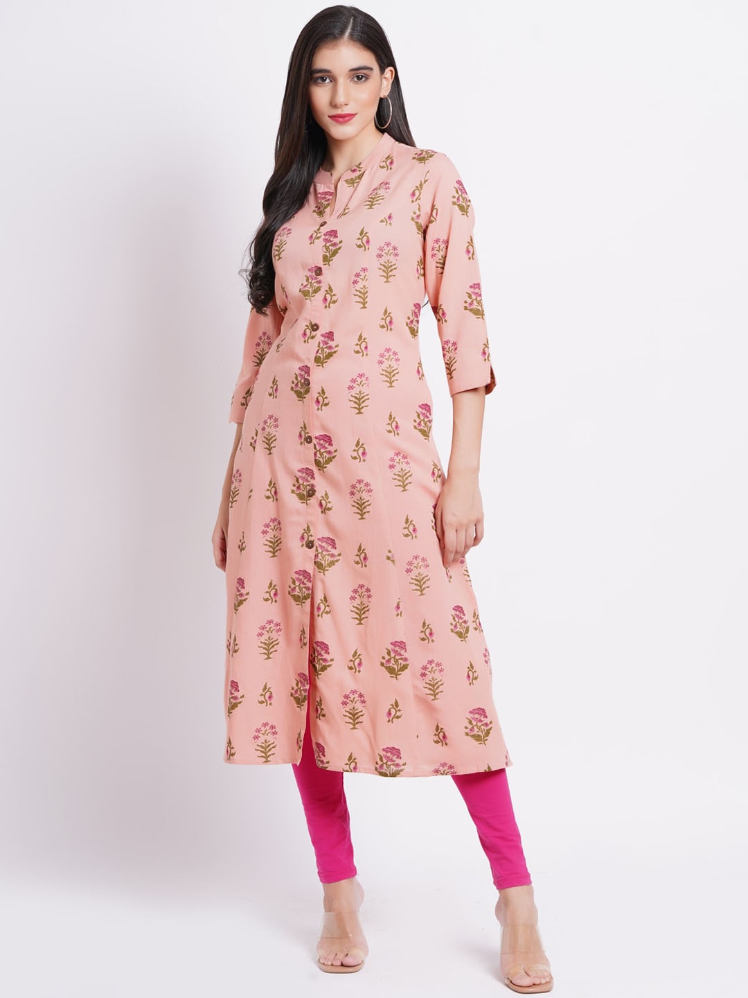 

SUTI Floral Printed Band Collar A-Line Kurta, Peach