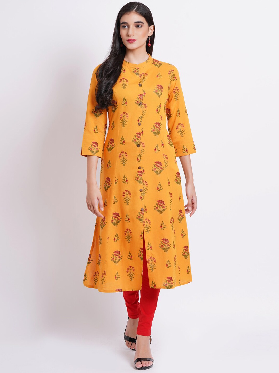 

SUTI Floral Printed Band Collar A-Line Kurta, Orange