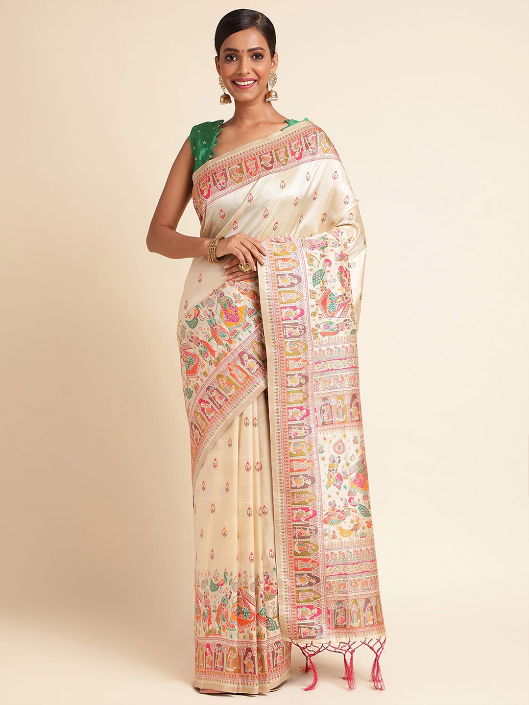 

RAJ DHARMA SILK Ethnic Motifs Woven Design Pure Silk Banarasi Saree, Cream