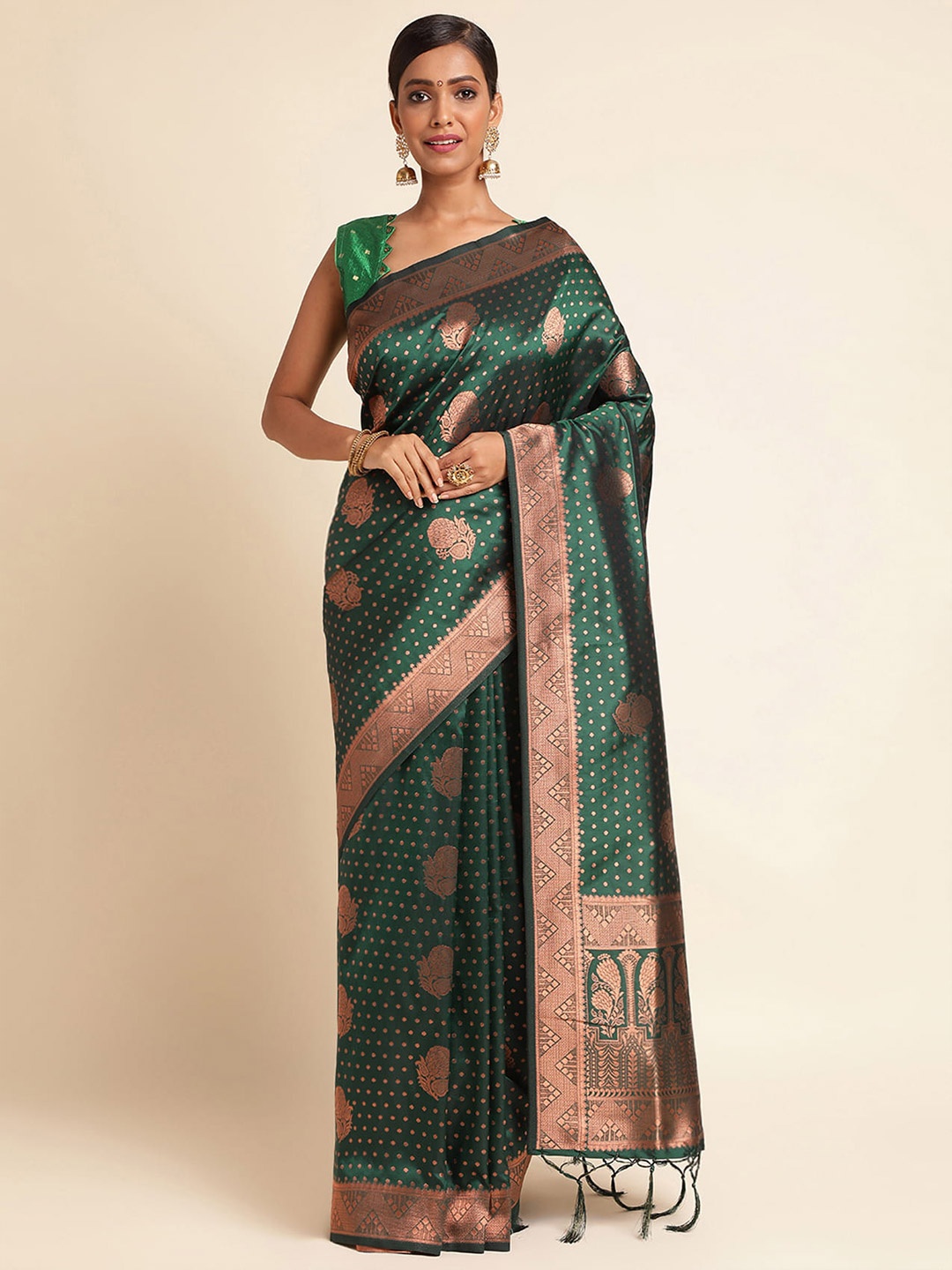 

RAJ DHARMA SILK Ethnic Motifs Woven Design Zari Pure Silk Banarasi Saree, Green