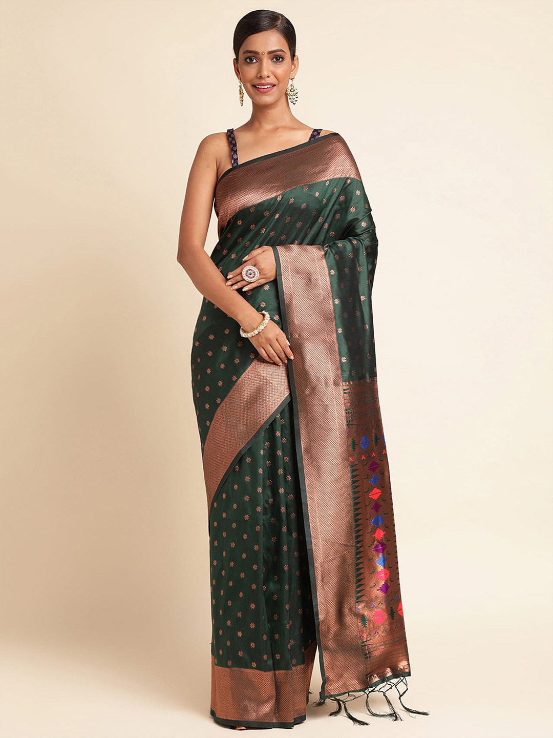

RAJ DHARMA SILK Ethnic Motifs Woven Design Zari Pure Silk Banarasi Saree, Sea green
