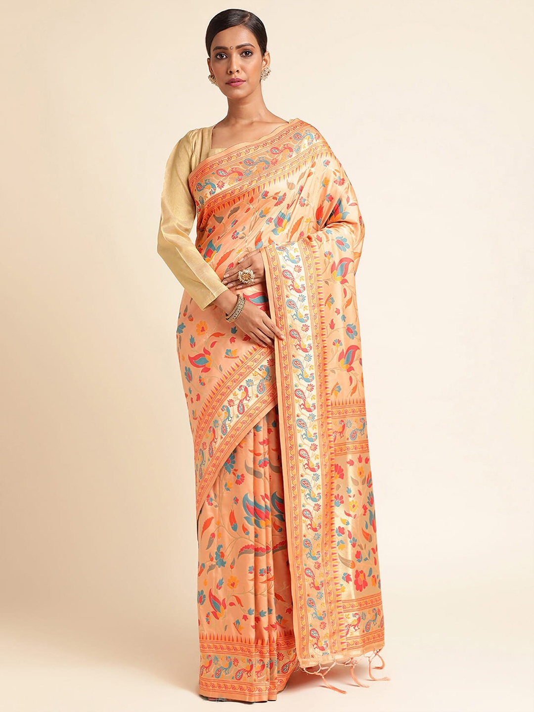

RAJ DHARMA SILK Ethnic Motifs Woven Design Zari Detailed Pure Silk Banarasi Saree, Peach