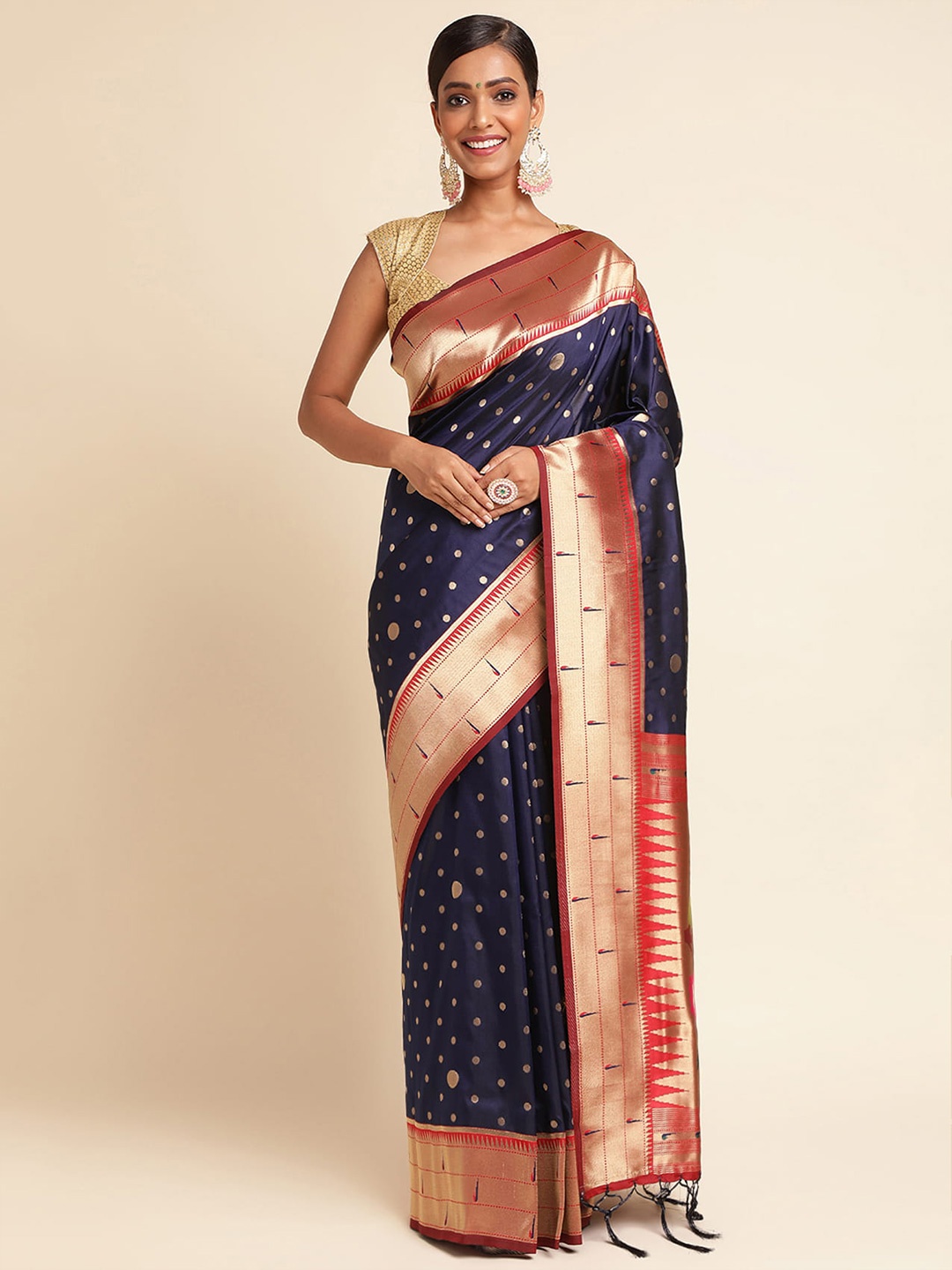 

RAJ DHARMA SILK Ethnic Motifs Woven Design Zari Detailed Pure Silk Paithani Saree, Navy blue