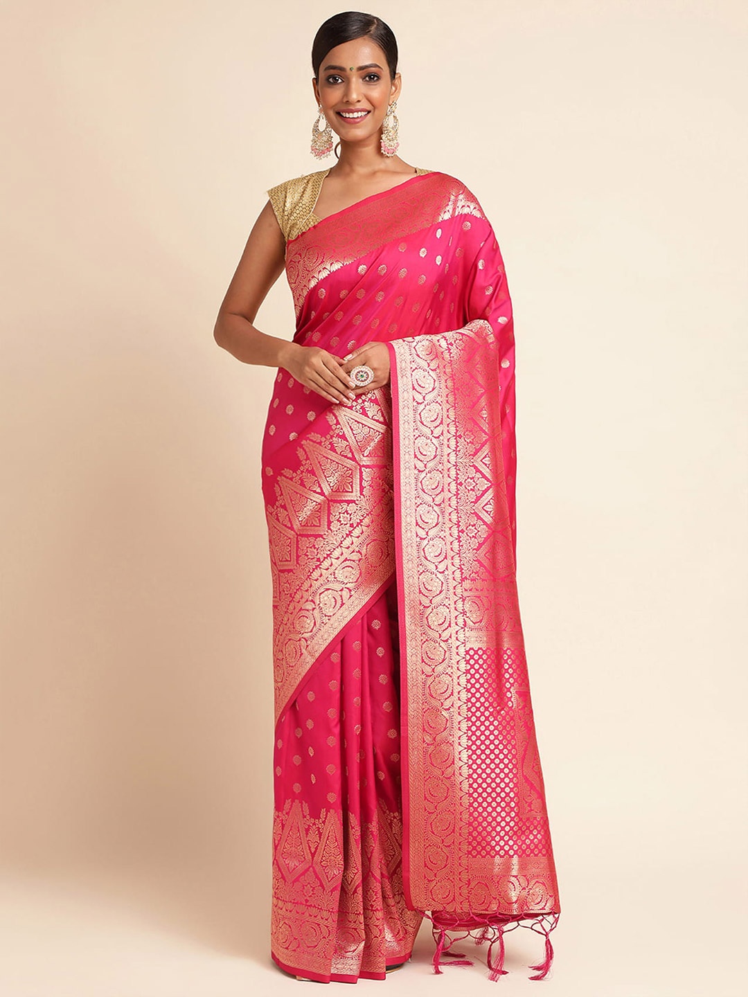 

RAJ DHARMA SILK Ethnic Motifs Woven Design Zari Detailed Pure Silk Banarasi Saree, Pink