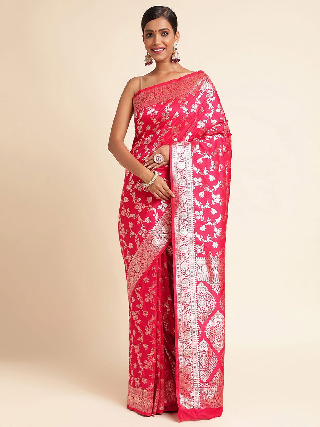 

RAJ DHARMA SILK Floral Woven Design Zari Detailed Pure Silk Banarasi Saree, Pink