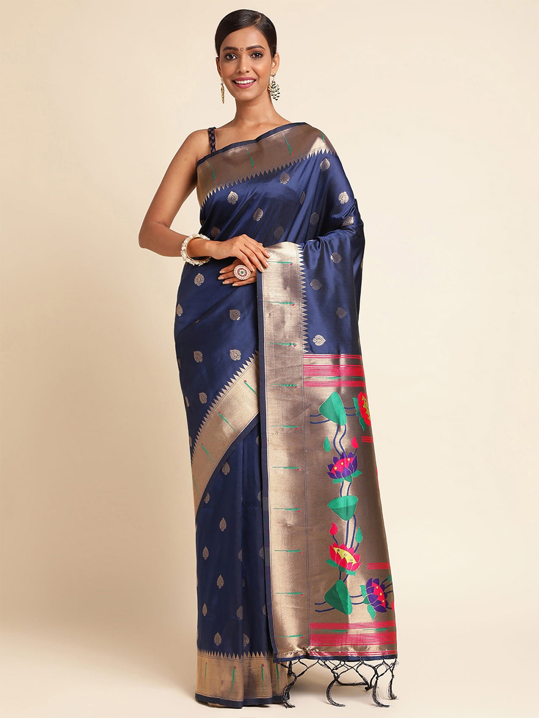 

RAJ DHARMA SILK Ethnic Motifs Woven Design Zari Pure Silk Banarasi Saree, Navy blue