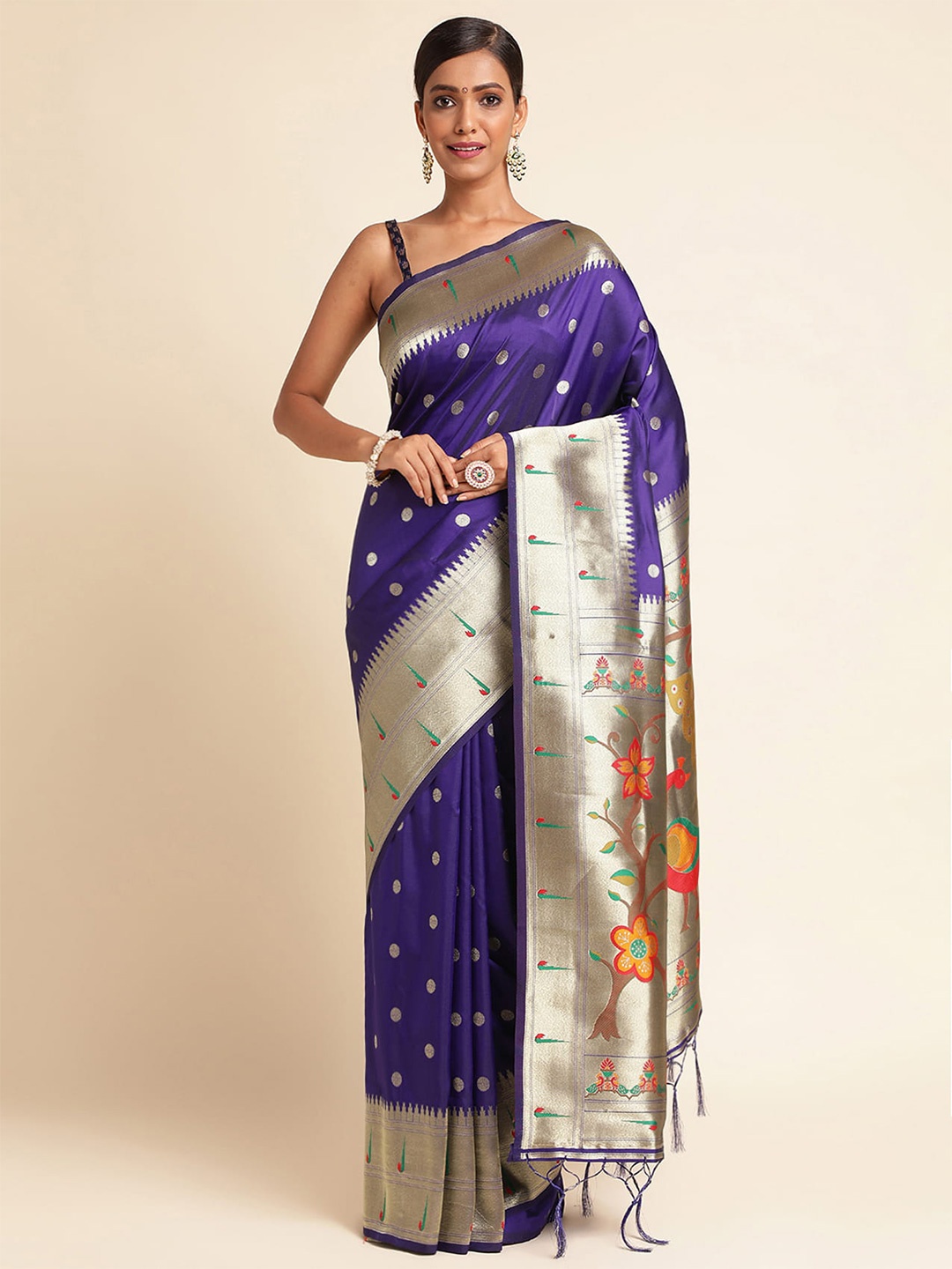 

RAJ DHARMA SILK Ethnic Motifs Woven Design Zari Detailed Pure Silk Paithani Saree, Violet