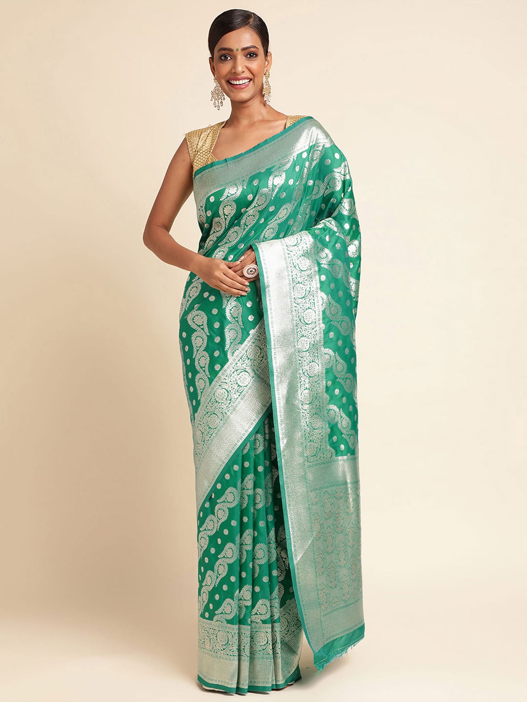 

RAJ DHARMA SILK Ethnic Motifs Woven Design Zari Detailed Pure Silk Banarasi Saree, Green