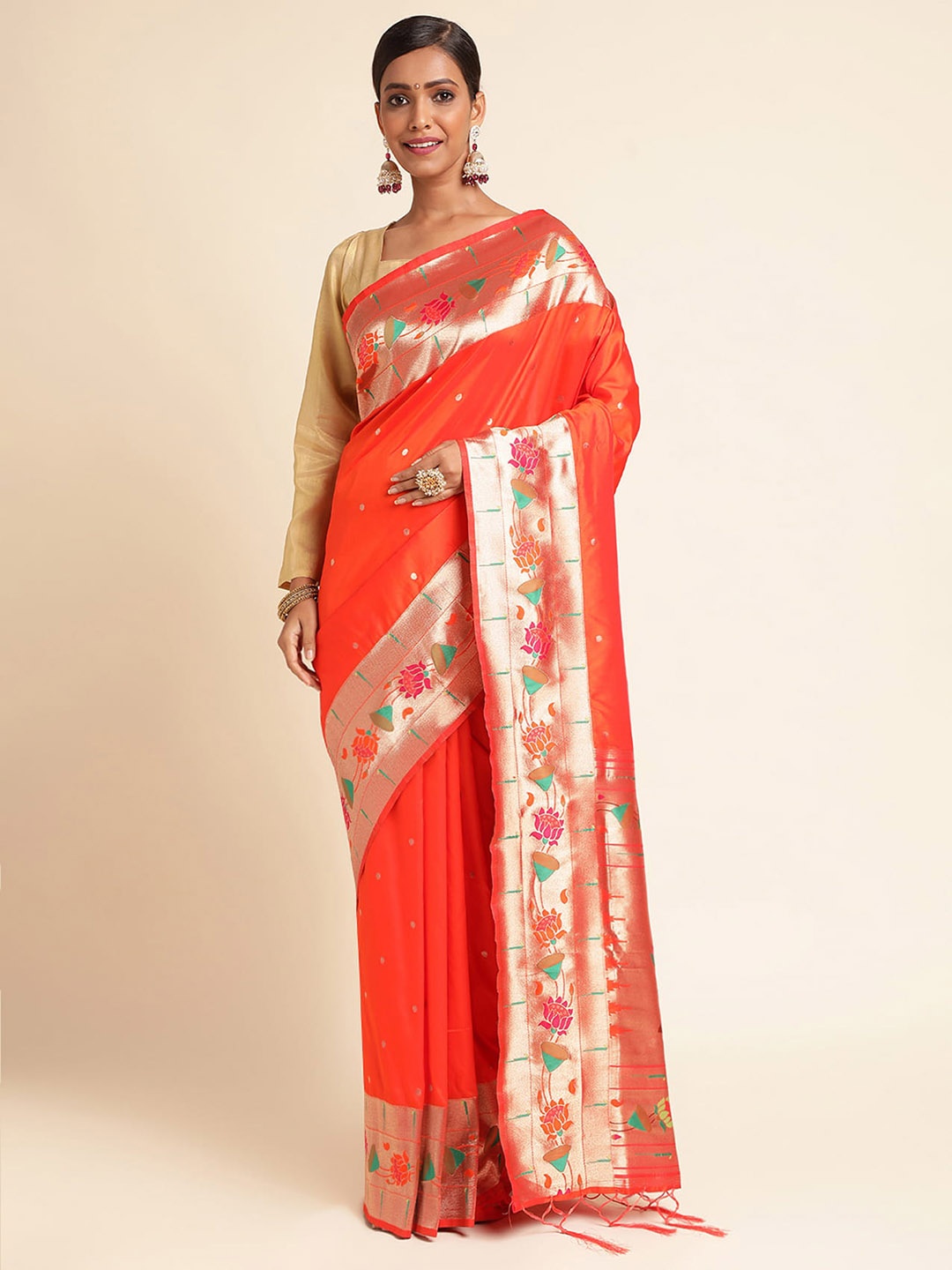 

RAJ DHARMA SILK Ethnic Motifs Woven Design Zari Pure Silk Banarasi Saree, Orange