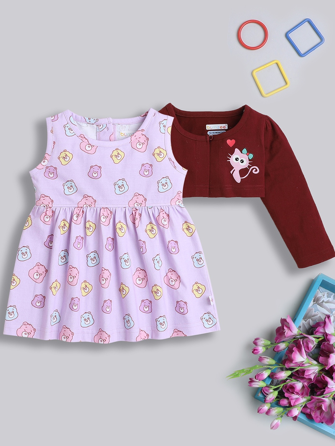 

BUMZEE Girls Conversational Printed Gathered Cotton A-Line Dress With Shrug, Lavender