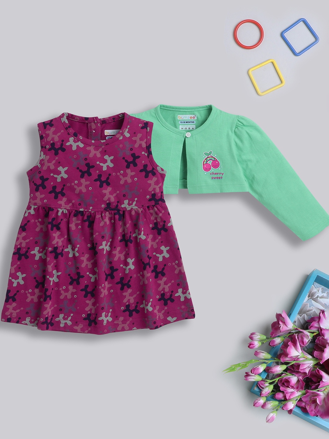 

BUMZEE Girls Floral Printed Cotton Fit & Flare Dress With Shurg, Maroon