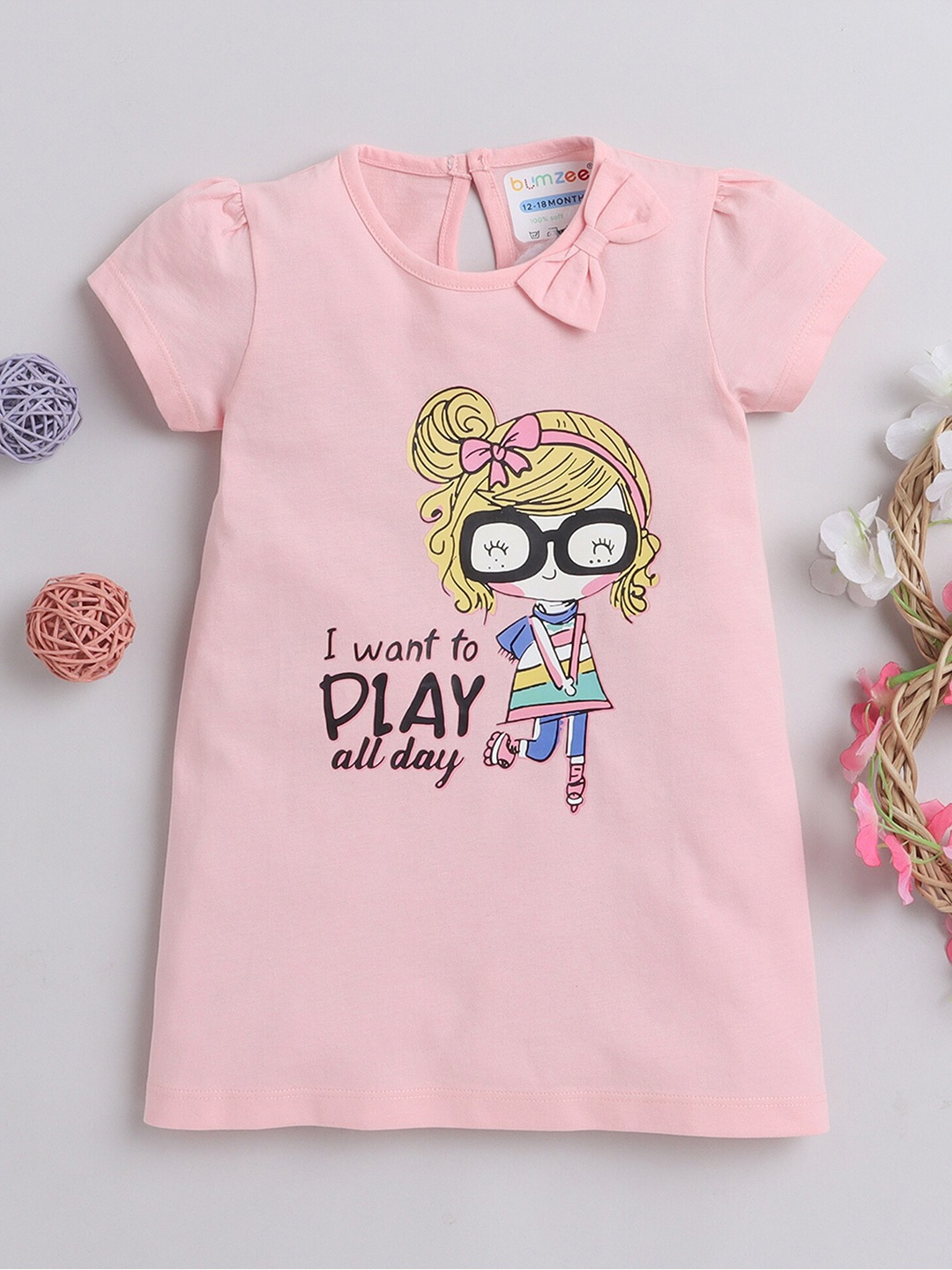 

BUMZEE Girls Graphic Printed Cotton T-shirt Dress, Pink