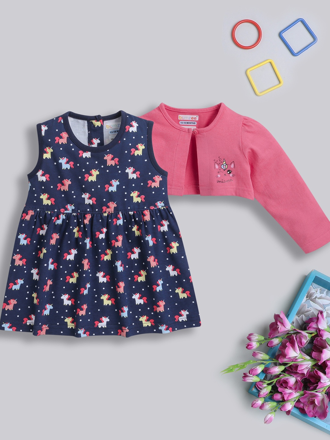 

BUMZEE Girls Floral Printed Cotton Fit & Flare Dress With Shurg, Navy blue
