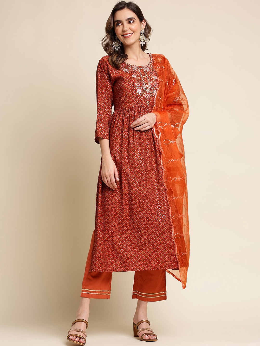 

Sangria Ethnic Motif Printed Mirror Work Chanderi Cotton Kurta With Trouser & Dupatta, Red