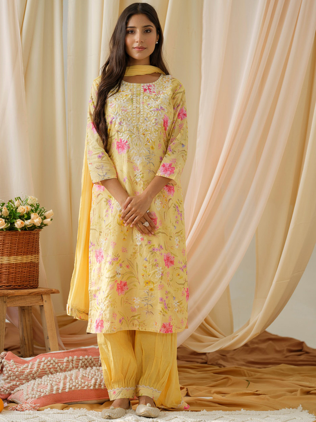 

Sangria Floral-Printed Thread Work Pure-Cotton Straight Kurta With Salwar & Dupatta, Mustard