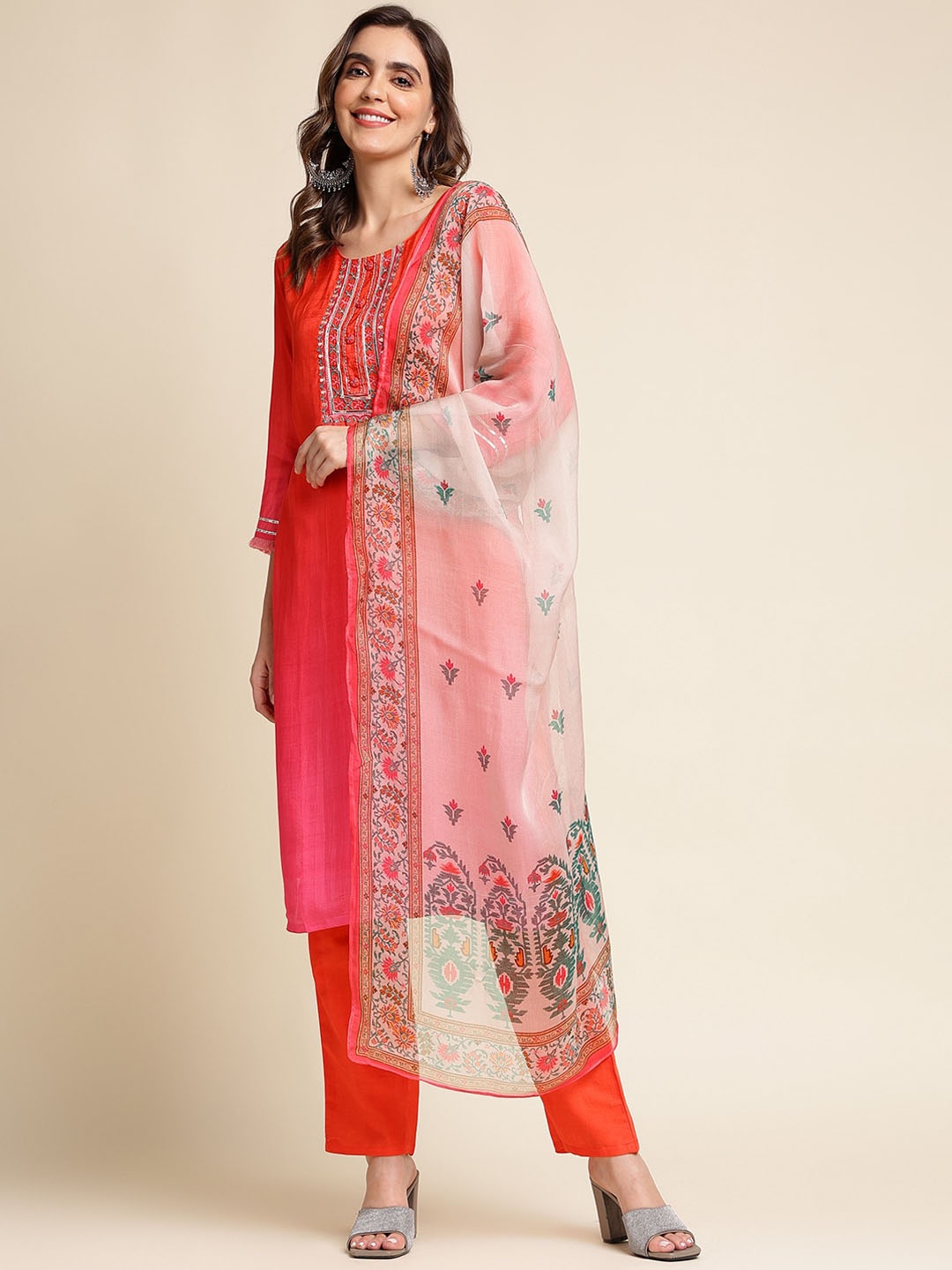 

Sangria Embroidered Yoke Design Kurta With Trouser & Dupatta Set, Red