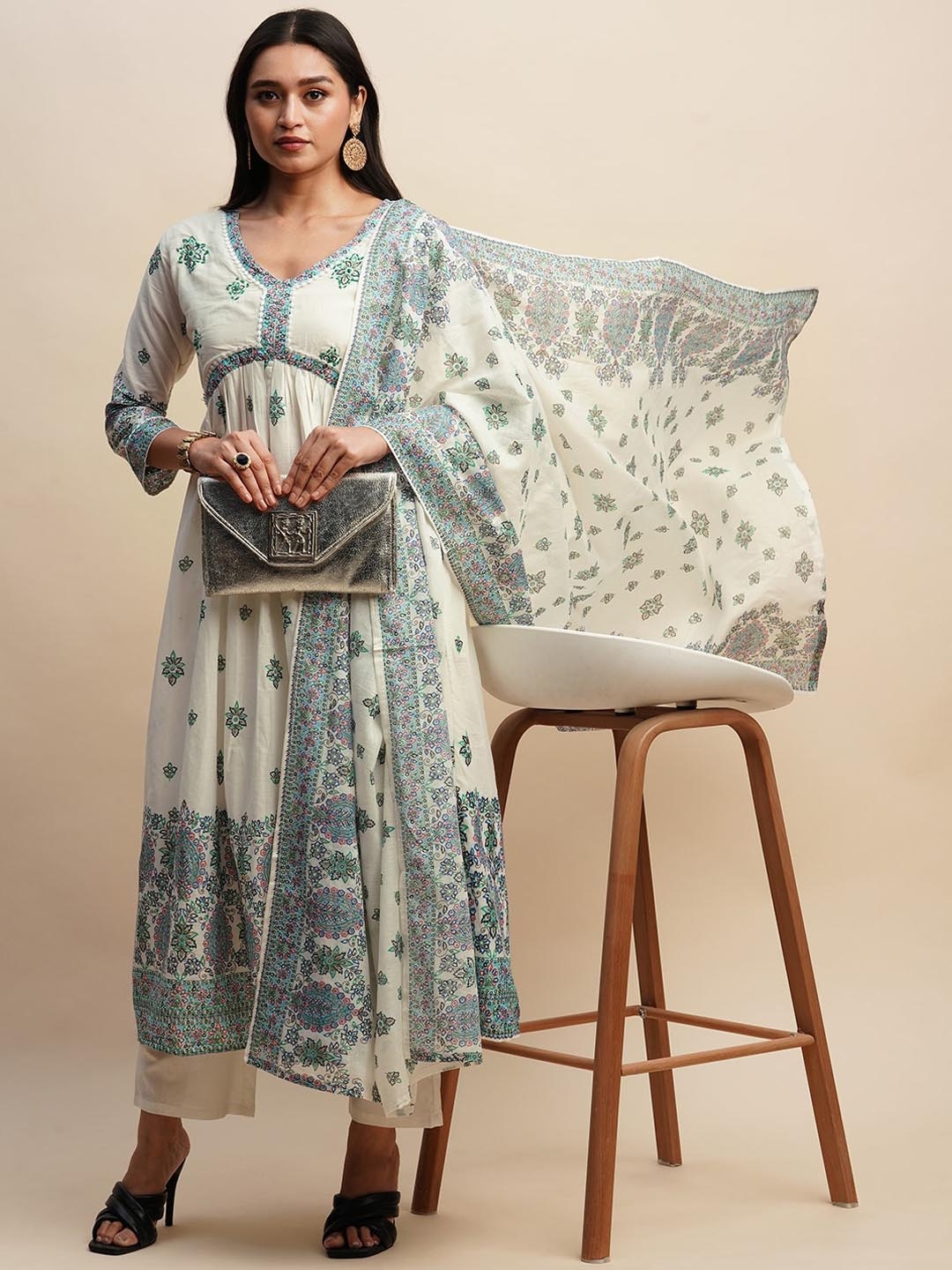 

Sangria Printed & Embroidered Pure Cotton A-Line Kurta With Trouser & Dupatta Set, White