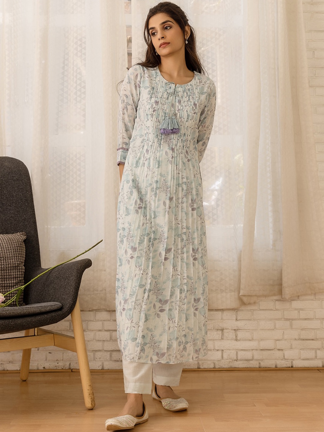 

Sangria Printed A Line Kurta Sets, White