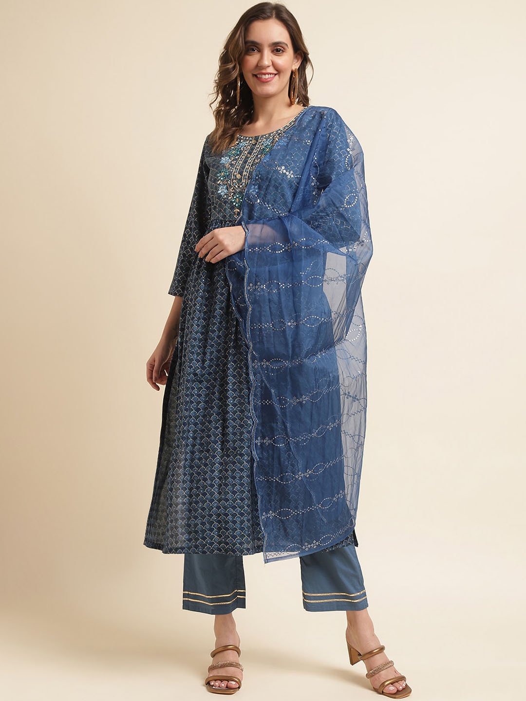 

Sangria Geometric Printed Thread Work A Line Kurta & Trouser With Dupatta, Blue