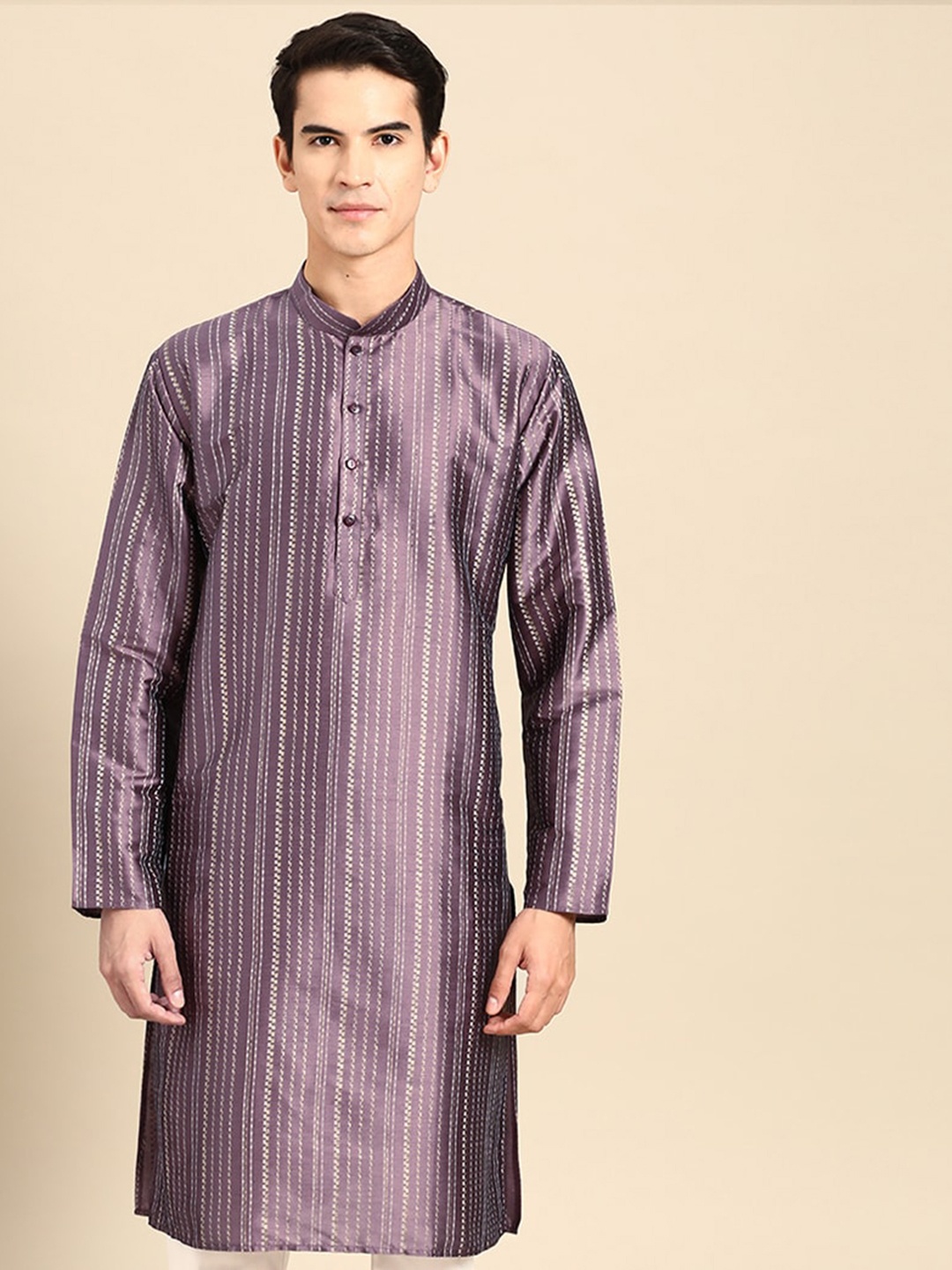 

MANQ Woven Design Mandarin Collar Cotton Silk Straight Kurta, Mauve