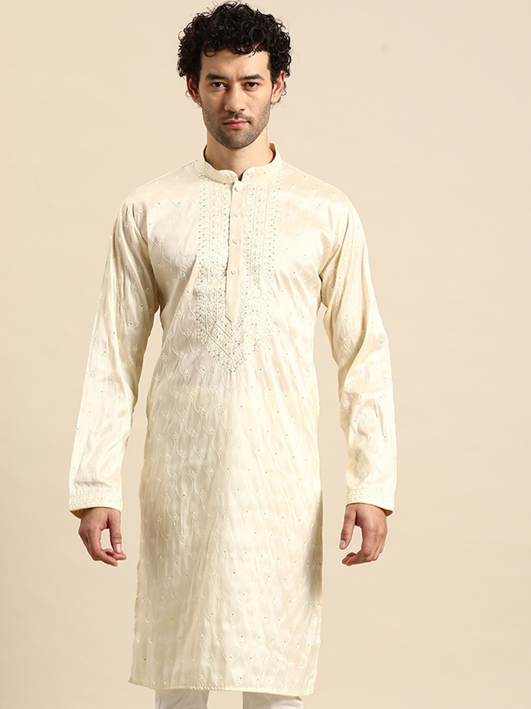 

MANQ Embroidered Mandarin Collar Straight Kurta, Cream