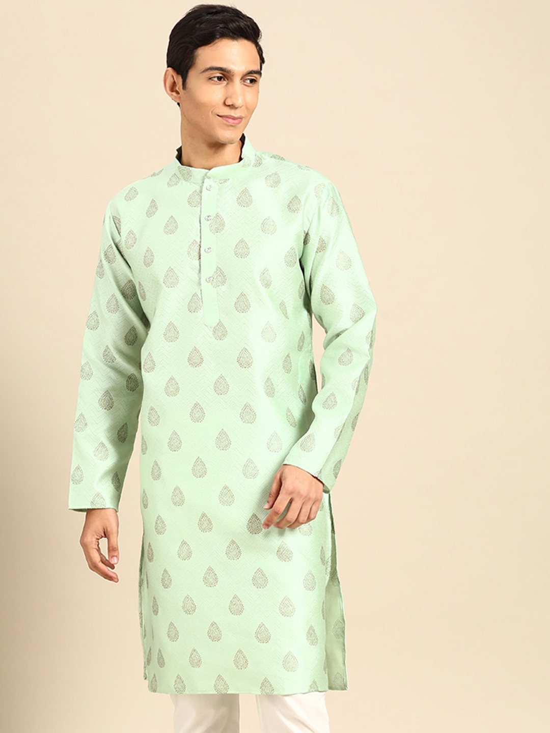 

MANQ Woven Design Mandarin Collar Long Sleeve Straight Kurta, Green