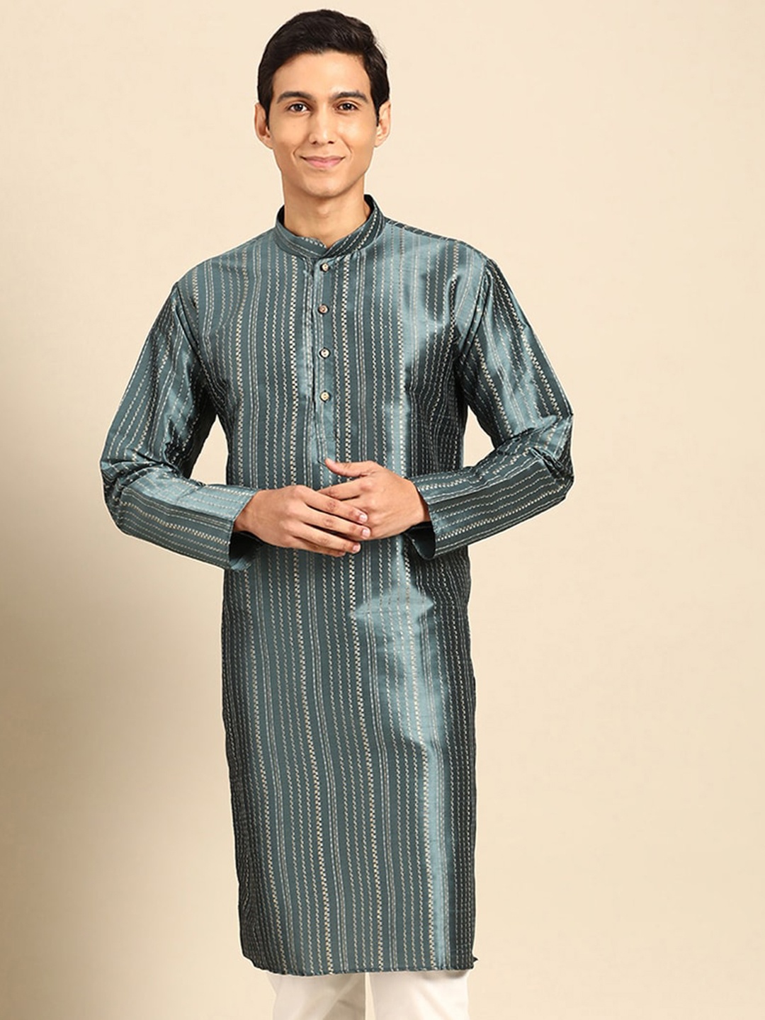 

MANQ Woven Design Mandarin Collar Cotton Silk Straight Kurta, Teal