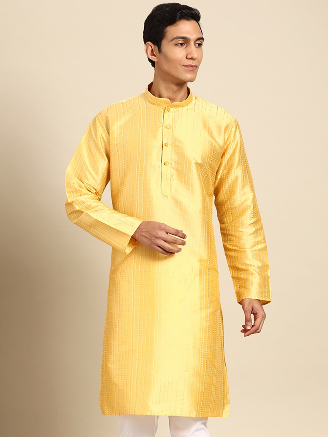 

MANQ Striped Woven Design Cotton Silk Thread Work Kurta, Yellow