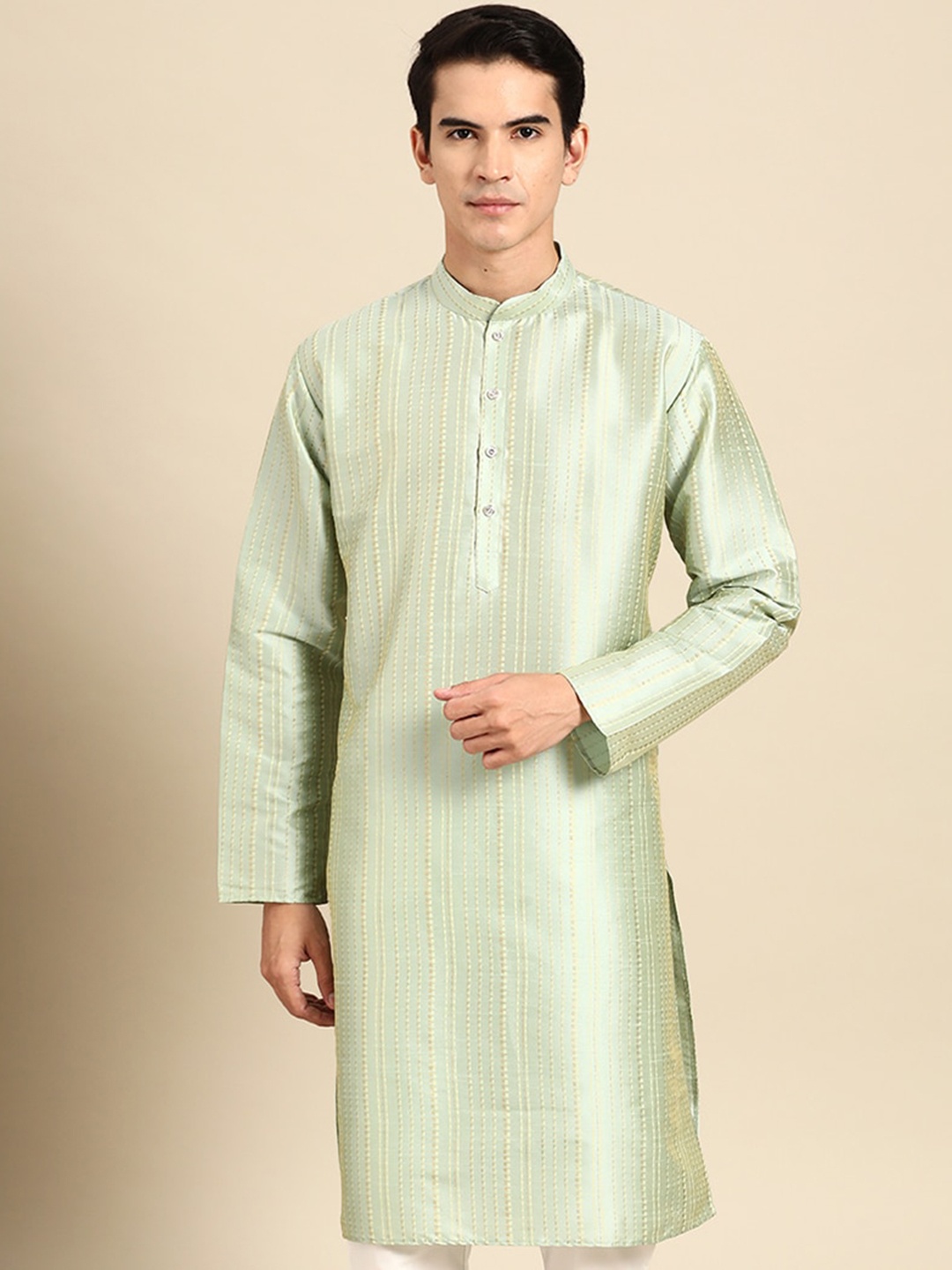 

MANQ Woven Design Mandarin Collar Cotton Silk Straight Kurta, Green