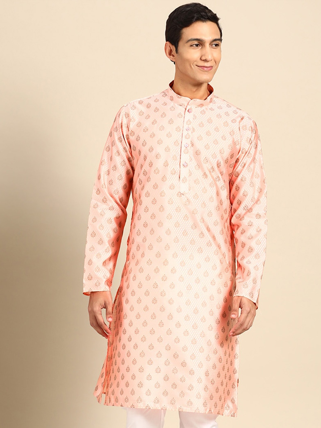 

MANQ Ethnic Motifs Woven Design Mandarin Collar Regular Kurta, Peach