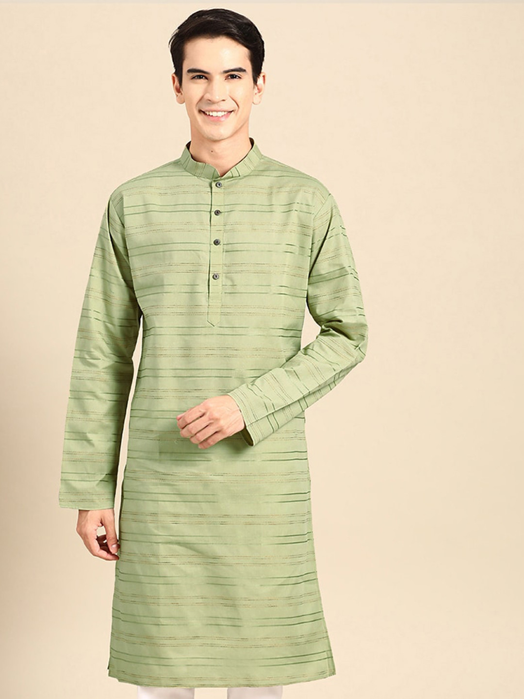 

MANQ Striped Mandarin Collar Pure Cotton Straight Kurta, Olive