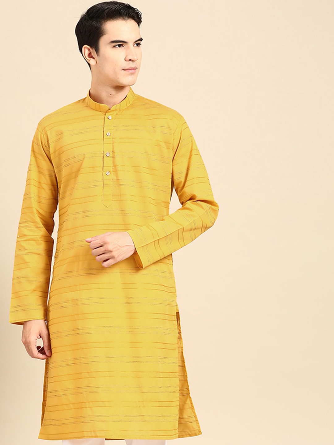 

MANQ Striped Mandarin Collar Pure Cotton Straight Kurta, Yellow