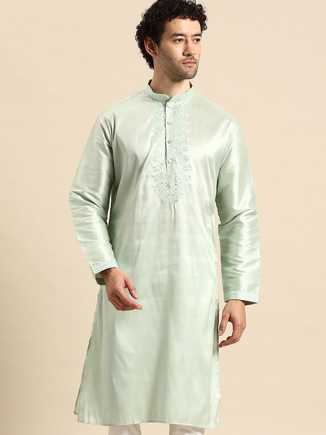 

MANQ Floral Embroidered Yoke Design Sequined Straight Kurta, Green