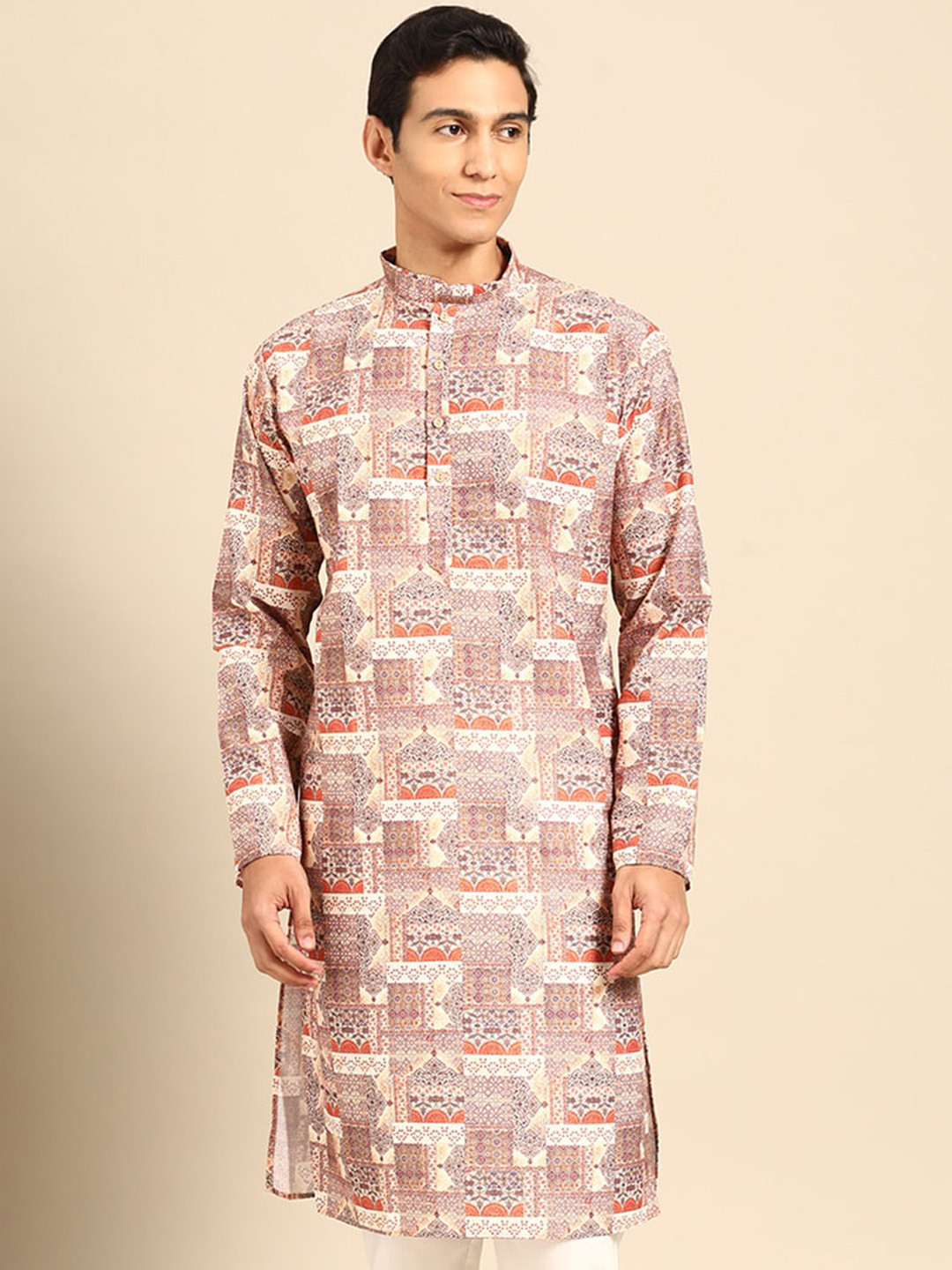 

MANQ Ethnic Motifs Printed Mandarin Collar Straight Kurta, Pink