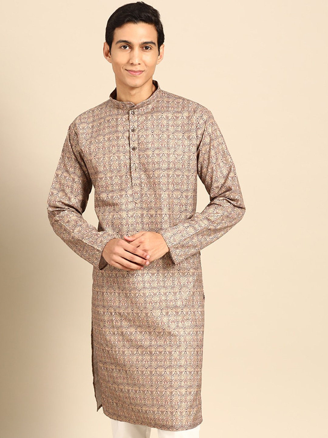 

MANQ Ethnic Motifs Woven Design Mandarin Collar Regular Kurta, Brown