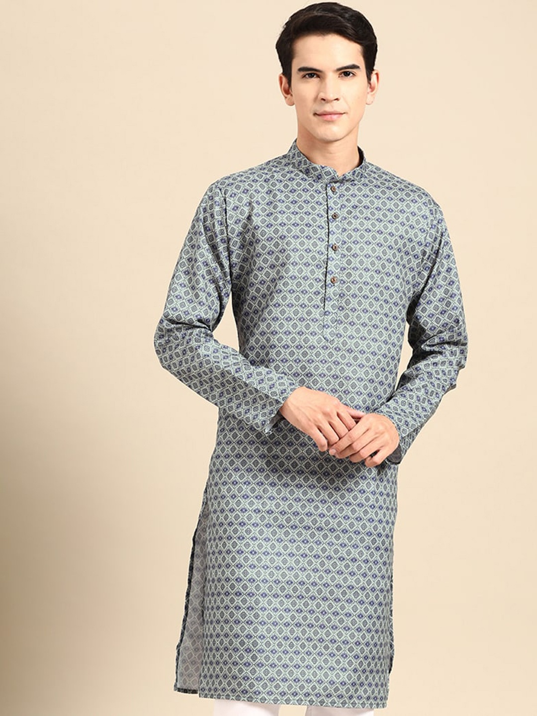 

MANQ Ethnic Motifs Printed Mandarin Collar Straight Kurta, Green
