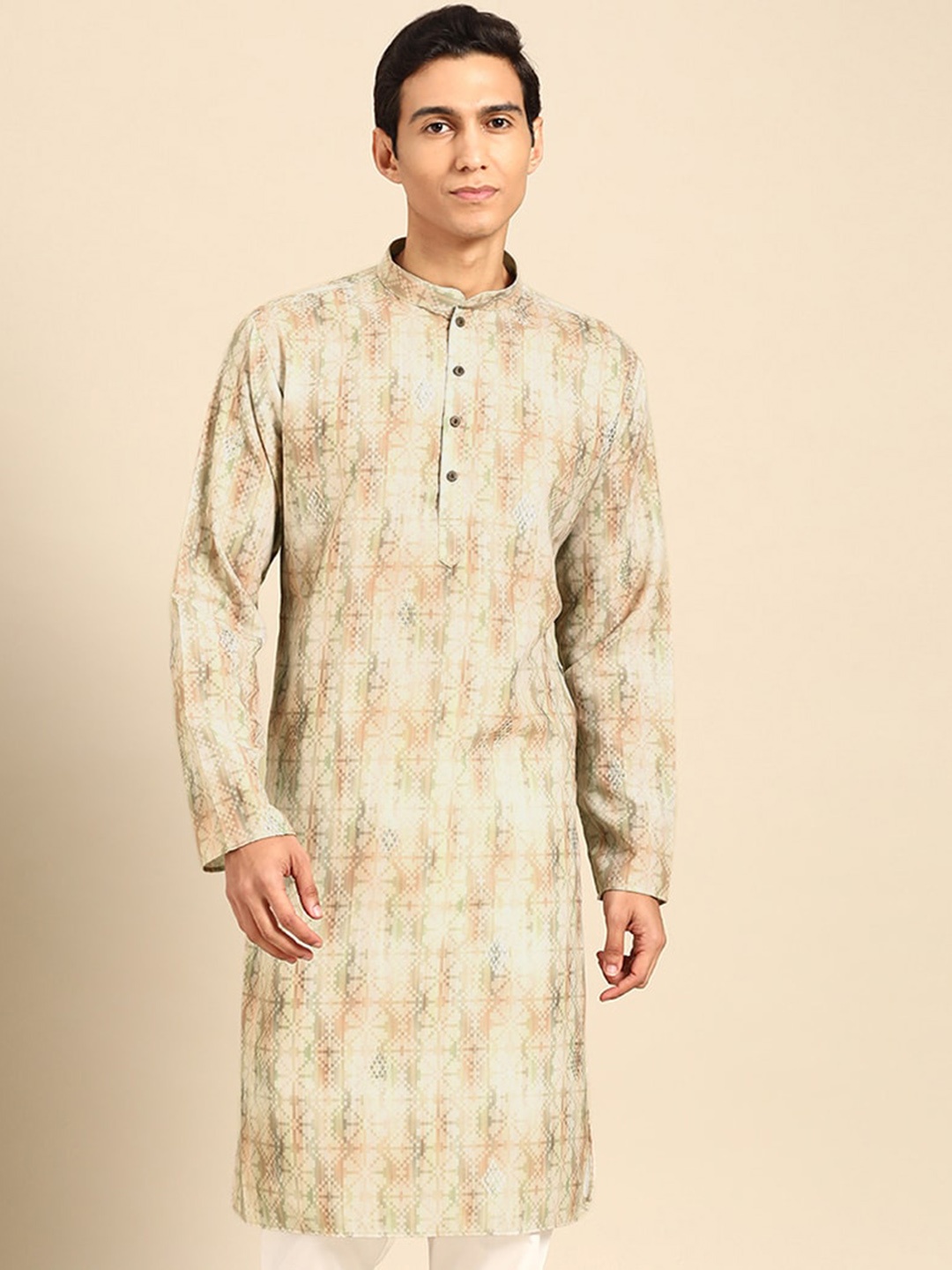 

MANQ Geometric Woven Design Mandarin Collar Regular Kurta, Orange