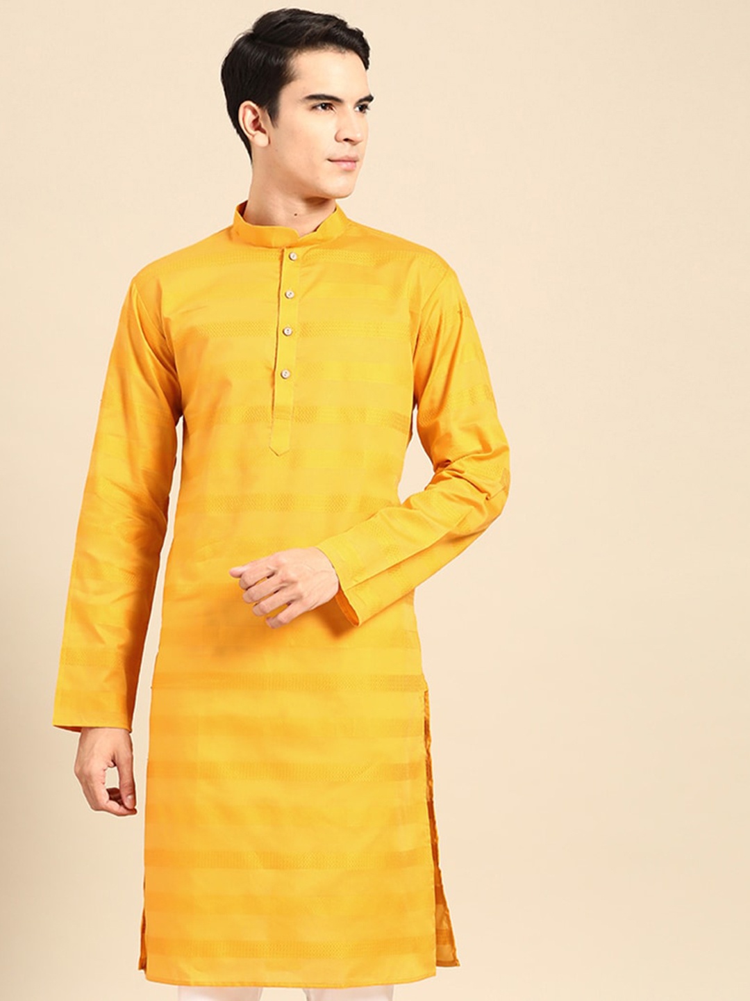 

MANQ Striped Mandarin Collar Cotton Straight Kurta, Yellow