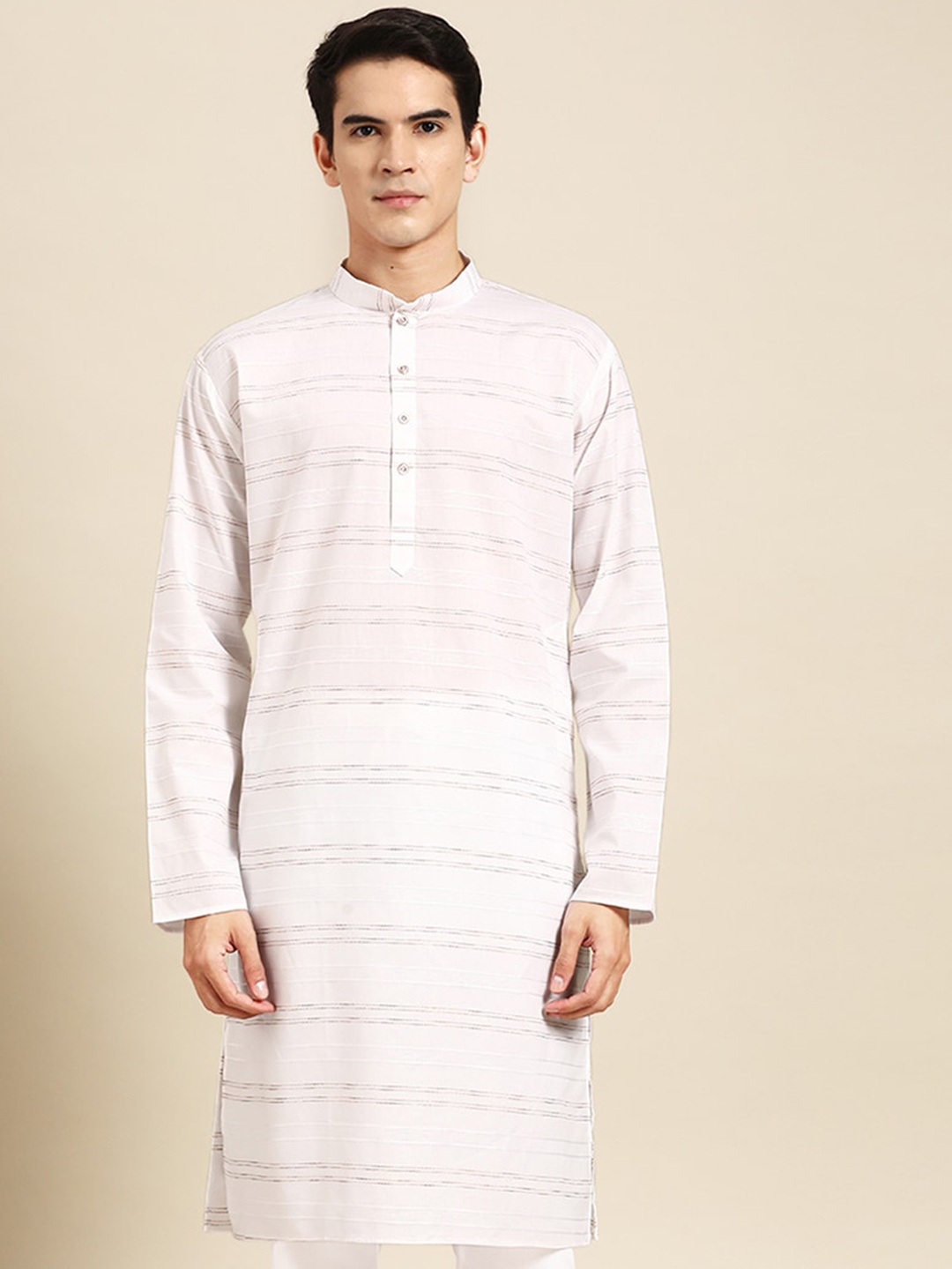 

MANQ Striped Pure Cotton Straight Kurta, White