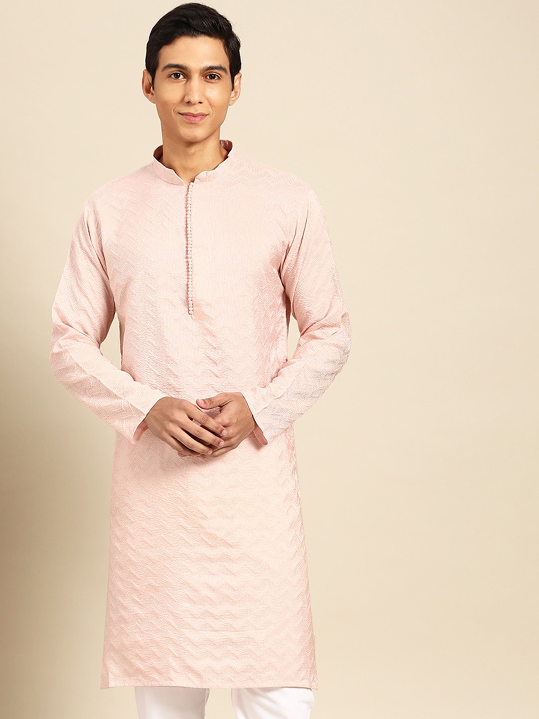 

MANQ Ethnic Motifs Woven Design Mandarin Collar Long Sleeves Straight Kurta, Pink